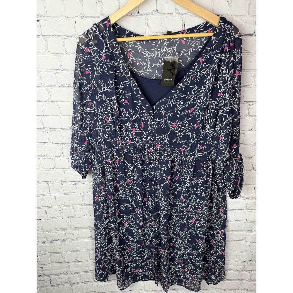 NEW $58 Torrid Womens Plus 1X Bird Print‎ Shirt Dress Roll Tab Sleeve V Neck